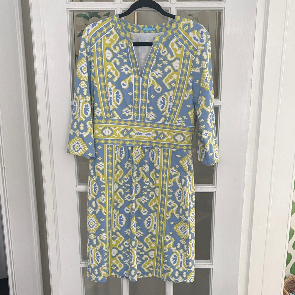 J. McLaughlin Blue and Chartreuse Long Sleeve Dress